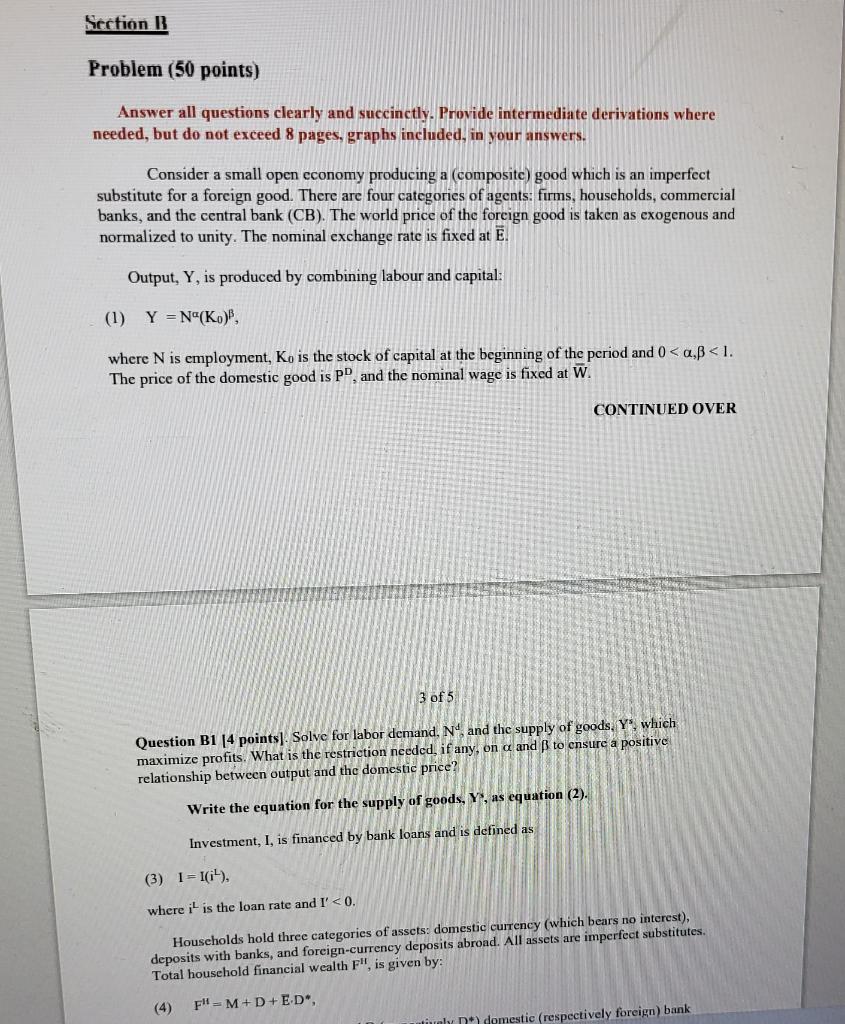 Section B Problem 50 Points Answer All Questions Clearly And Succinctly Provide Intermediate Derivations Where Needed 1
