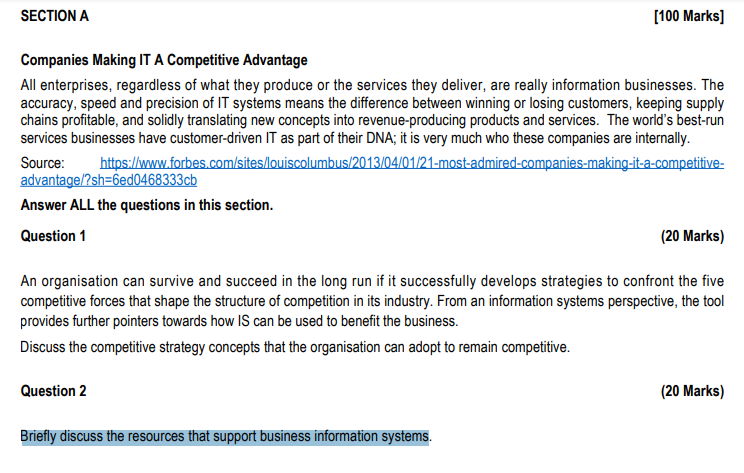 Section A 100 Marks Companies Making It A Competitive Advantage All Enterprises Regardless Of What They Produce Or Th 1