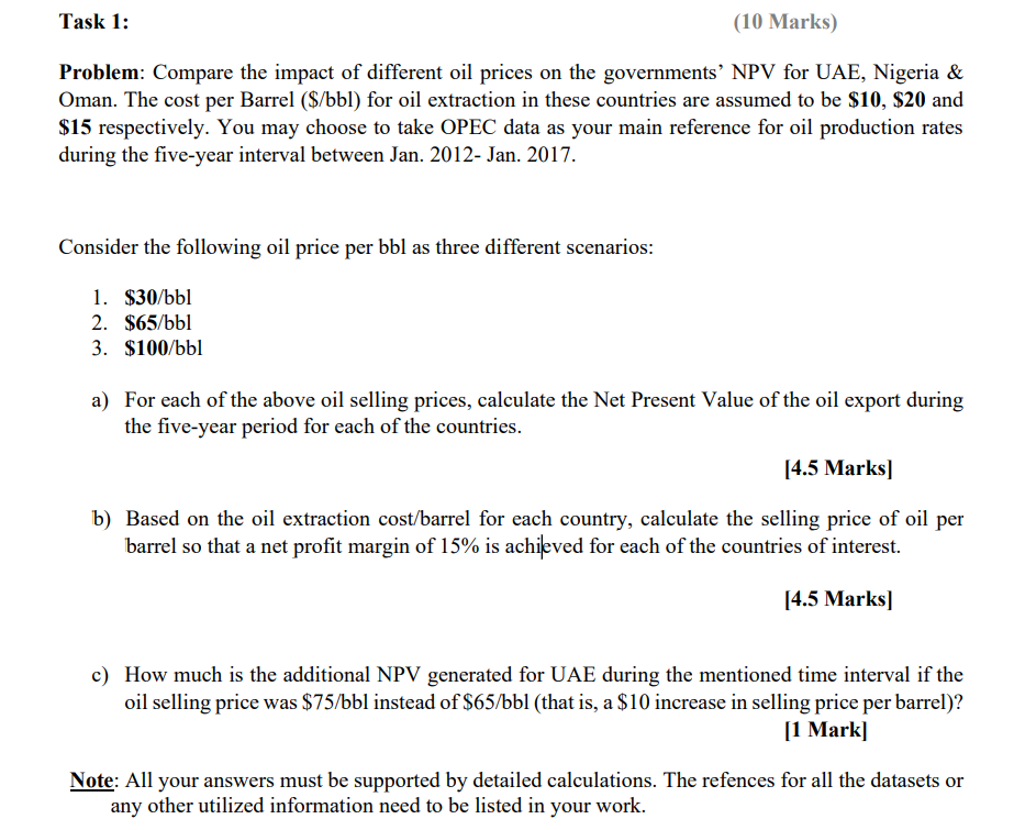 Task 1 10 Marks Problem Compare The Impact Of Different Oil Prices On The Governments Npv For Uae Nigeria Oman 1