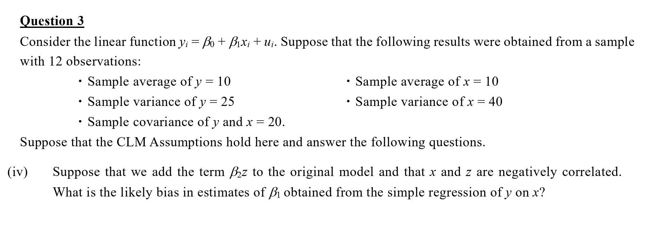 Question 3 Consider The Linear Function Y Bo Bixi U Suppose That The Following Results Were Obtained From A Sa 1