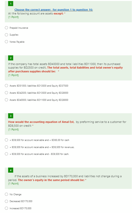 1 Choose The Correct Answer For Question 1 To Question 16 All The Following Account Are Assets Except 1 Point Pre 1