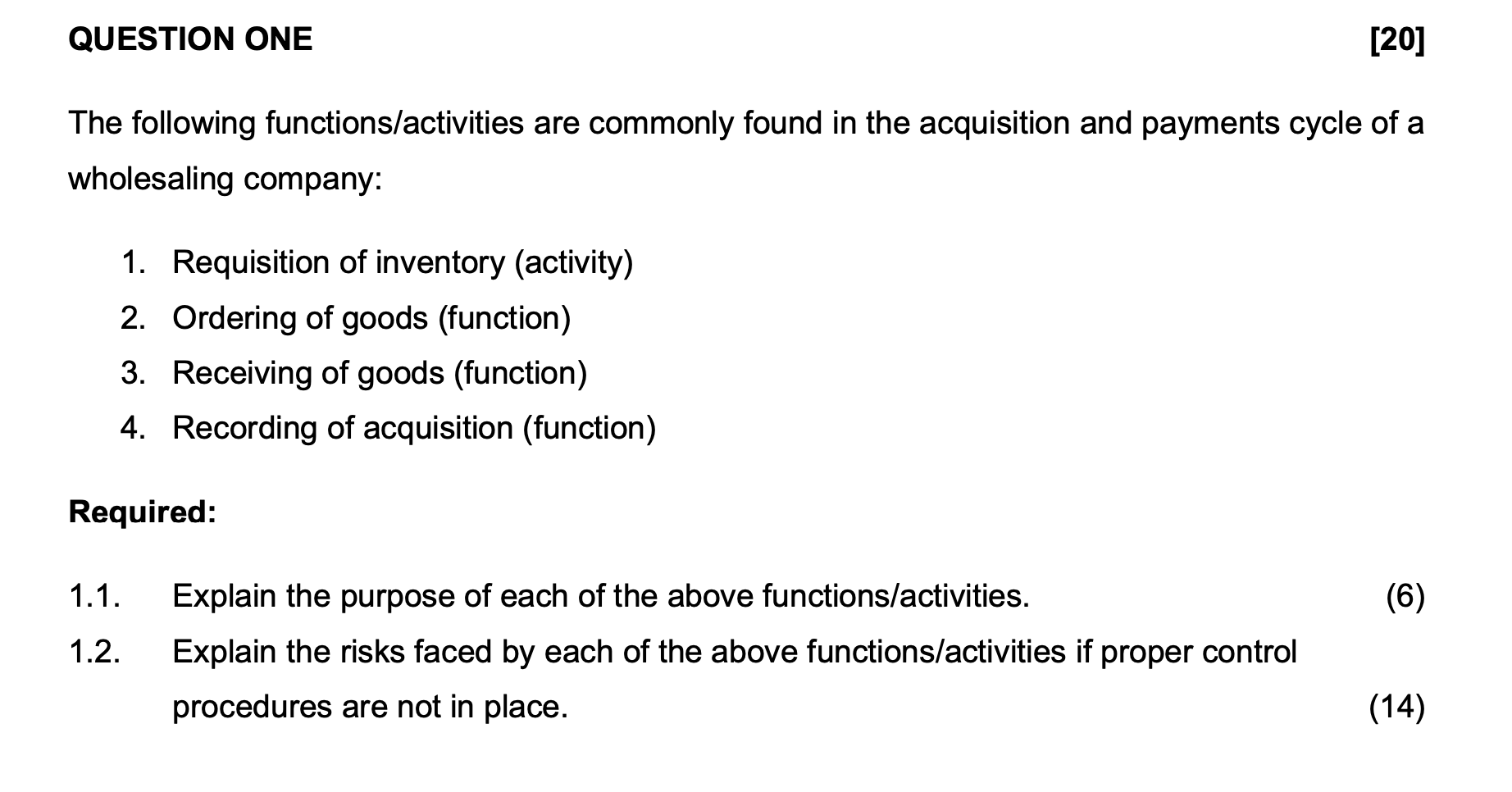 Question One 20 The Following Functions Activities Are Commonly Found In The Acquisition And Payments Cycle Of A Whole 1