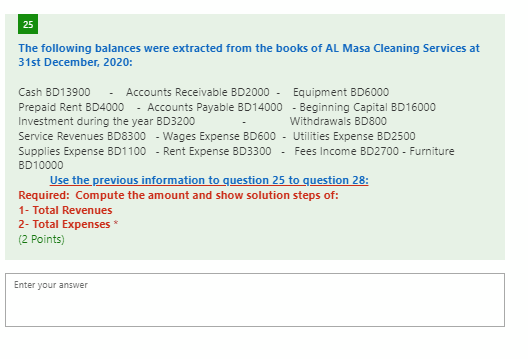 25 The Following Balances Were Extracted From The Books Of Al Masa Cleaning Services At 31st December 2020 Cash Bd1390 1