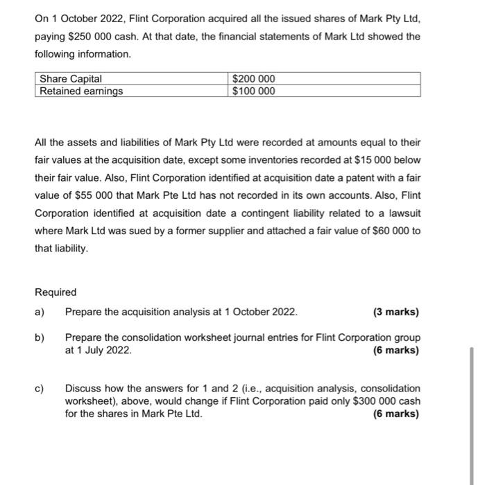On 1 October 2022 Flint Corporation Acquired All The Issued Shares Of Mark Pty Ltd Paying 250 000 Cash At That Date 1
