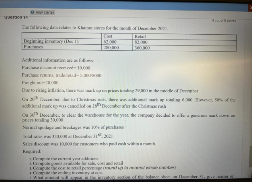 Help Center 4 Out Of 5 Points The Following Data Relates To Khairan Stores For The Month Of December 2021 Cost Retail 6 1