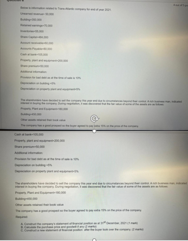4 Out Of 5 Por Below Is Information Related To Trans Atlantic Company For End Of Year 2021 Unearned Revenue 50 000 Bui 1