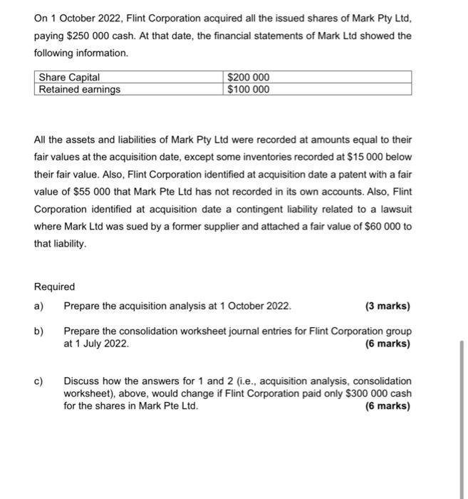 On 1 October 2022 Flint Corporation Acquired All The Issued Shares Of Mark Pty Ltd Paying 250 000 Cash At That Date 1