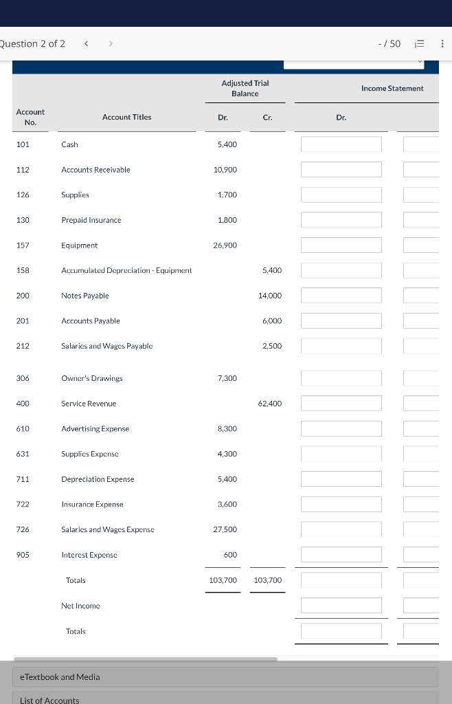 Question 2 Of 2 Account No Account Titles 101 112 126 130 157 158 200 201 212 306 400 610 631 711 722 726 905 Cash Ac 1