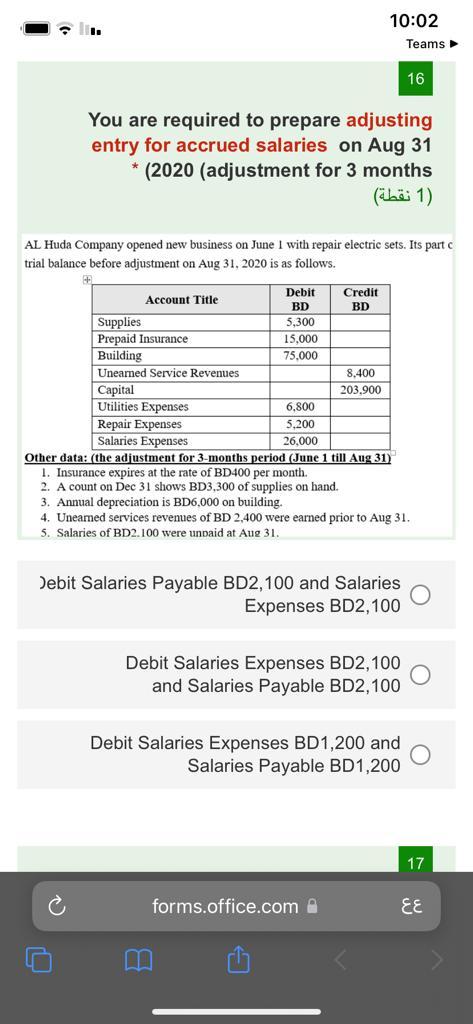 I 10 02 Teams 16 You Are Required To Prepare Adjusting Entry For Accrued Salaries On Aug 31 2020 Adjustment For 3 Mo 1