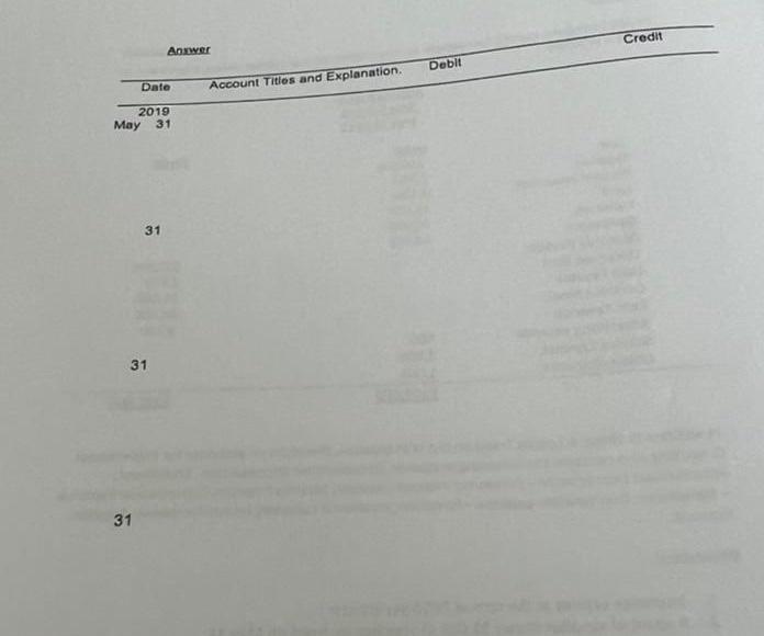 Date 2019 May 31 31 31 Answer 31 Account Titles And Explanation Debit Credit 1