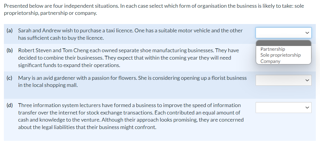 Presented Below Are Four Independent Situations In Each Case Select Which Form Of Organisation The Business Is Likely T 1