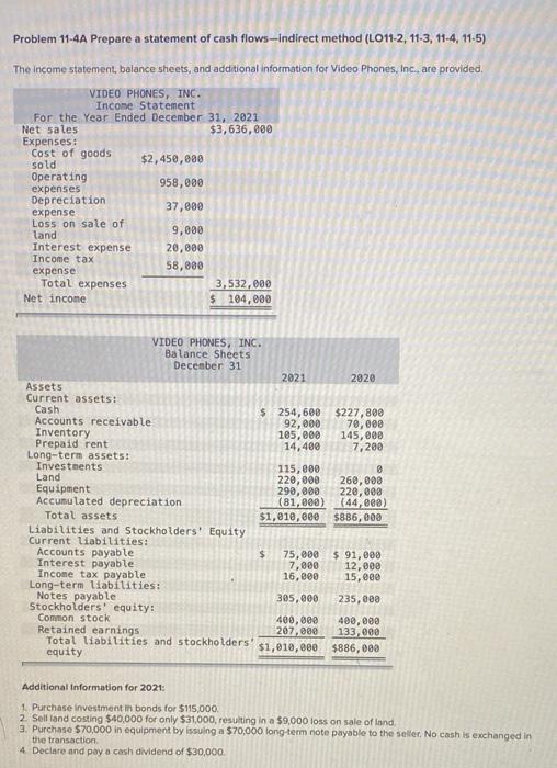Problem 11 4a Prepare A Statement Of Cash Flows Indirect Method Lo11 2 11 3 11 4 11 5 The Income Statement Balance 1