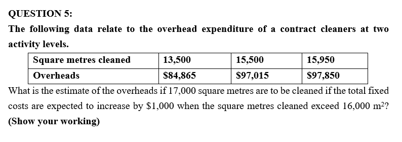Question 5 The Following Data Relate To The Overhead Expenditure Of A Contract Cleaners At Two Activity Levels Square 1