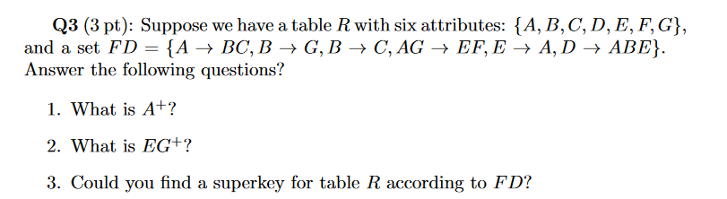 Q3 3 Pt Suppose We Have A Table R With Six Attributes A B C D E F G And A Set Fd A Bc B G B C Ag 1