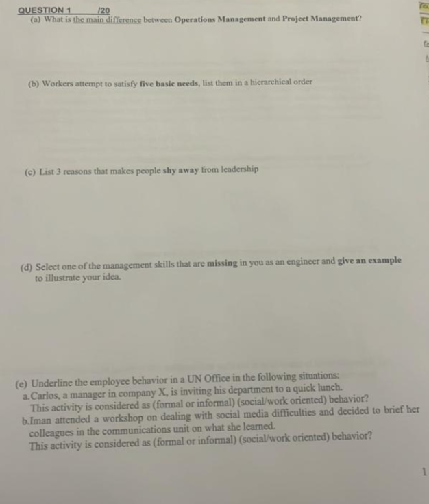 Question 1 20 A What Is The Main Difference Between Operations Management And Project Management B Workers Attempt 1