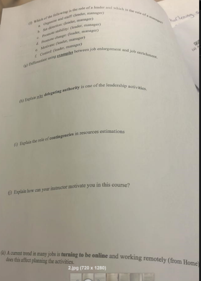 Which Of The Following Is The Role Of A Leader And Which Is The Role Of A Manger Organize And Staff Leader Manager 1