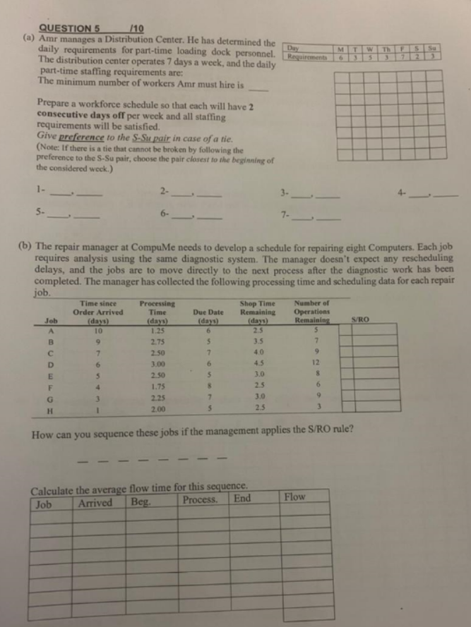 Question 5 10 Day A Amr Manages A Distribution Center He Has Determined The Daily Requirements For Part Time Loading 1