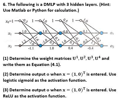 6 The Following Is A Dmlp With 3 Hidden Layers Hint Use Matlab Or Python For Calculation Xo 1 1 Go 1 A 1 Go Es 1 0 1
