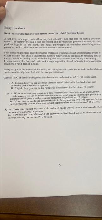 Essay Questions Read The Following Scenario Then Answer Two Of The Related Questions Below A Fast Food Hamburger Chain 1