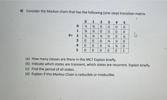 4 Consider The Markov Chain That Has The Following One Step Transition Matrix 0 1 2 3 4 5 0 0 0 0 0 1 0 0 0 1
