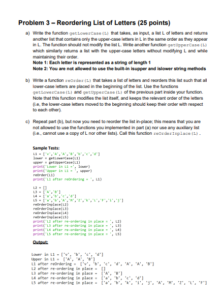 Problem 3 Reordering List Of Letters 25 Points A Write The Function Get Lowercase L That Takes As Input A List 1