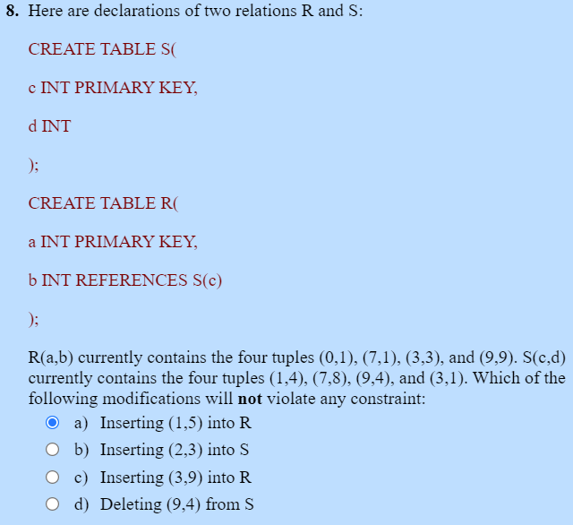 8 Here Are Declarations Of Two Relations R And S Create Table S C Int Primary Key D Int Create Table R A Int Pri 1