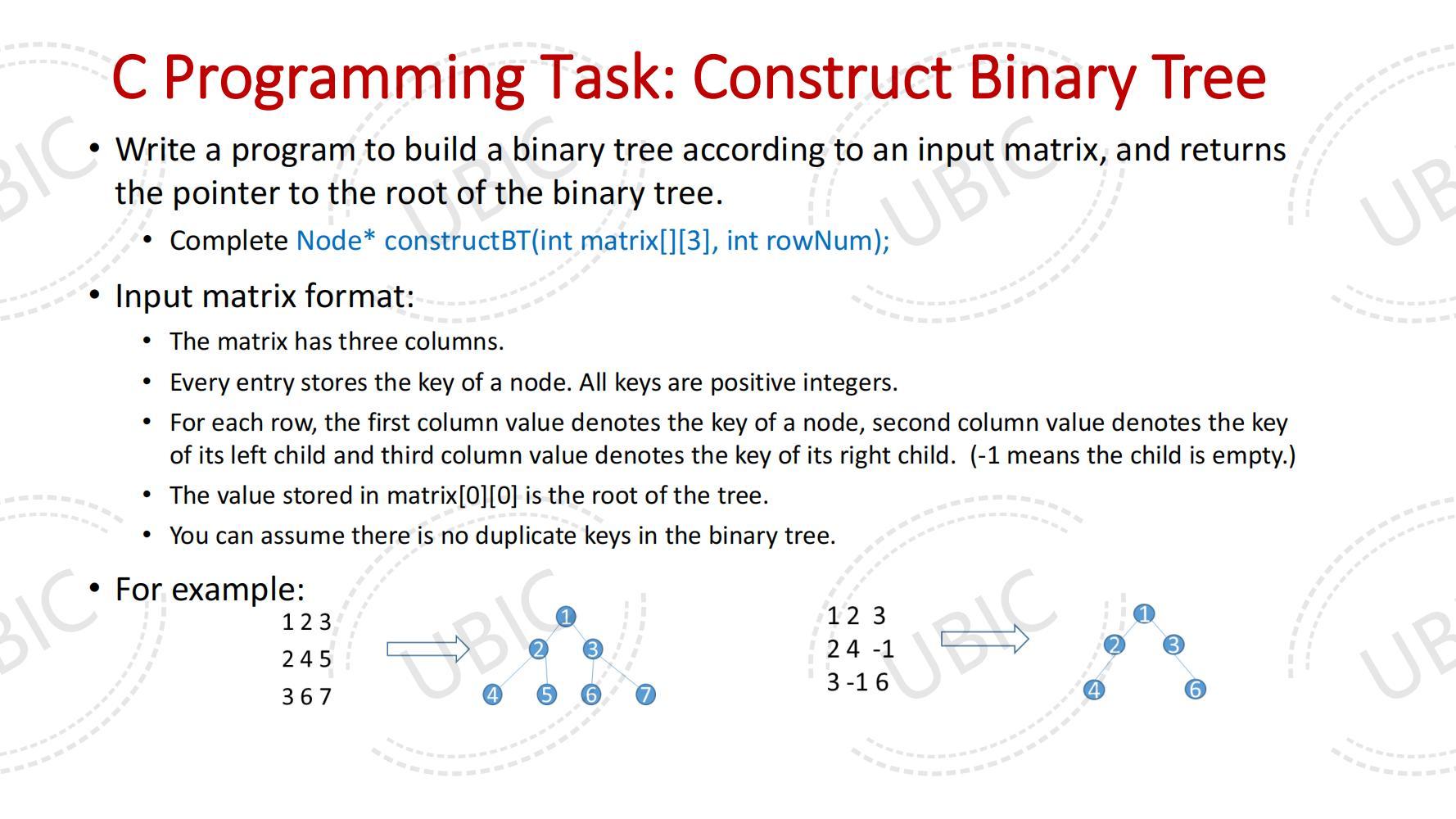 C Programming Task Construct Binary Tree Write A Program To Build A Binary Tree According To An Input Matrix And Ret 1