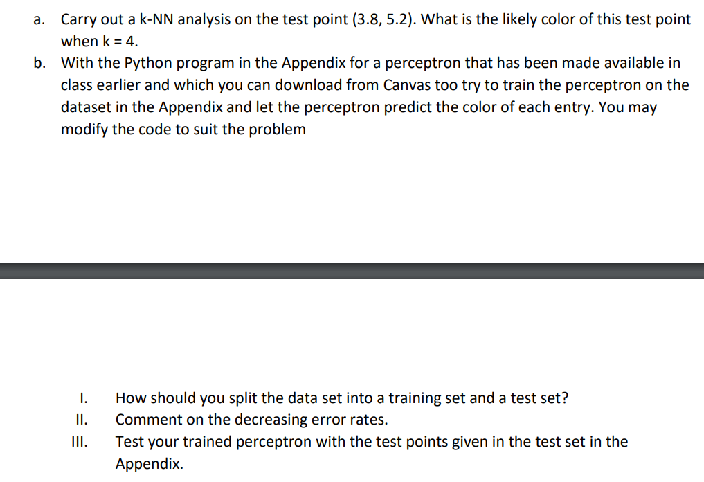 A Carry Out A K Nn Analysis On The Test Point 3 8 5 2 What Is The Likely Color Of This Test Point When K 4 B Wi 1