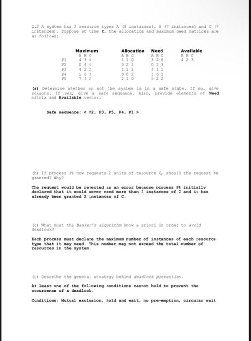 Q 2 A System Has 3 Resource Types A 8 Instances B 7 Instances And C 7 Instances Suppose At Time T The Allocati 1