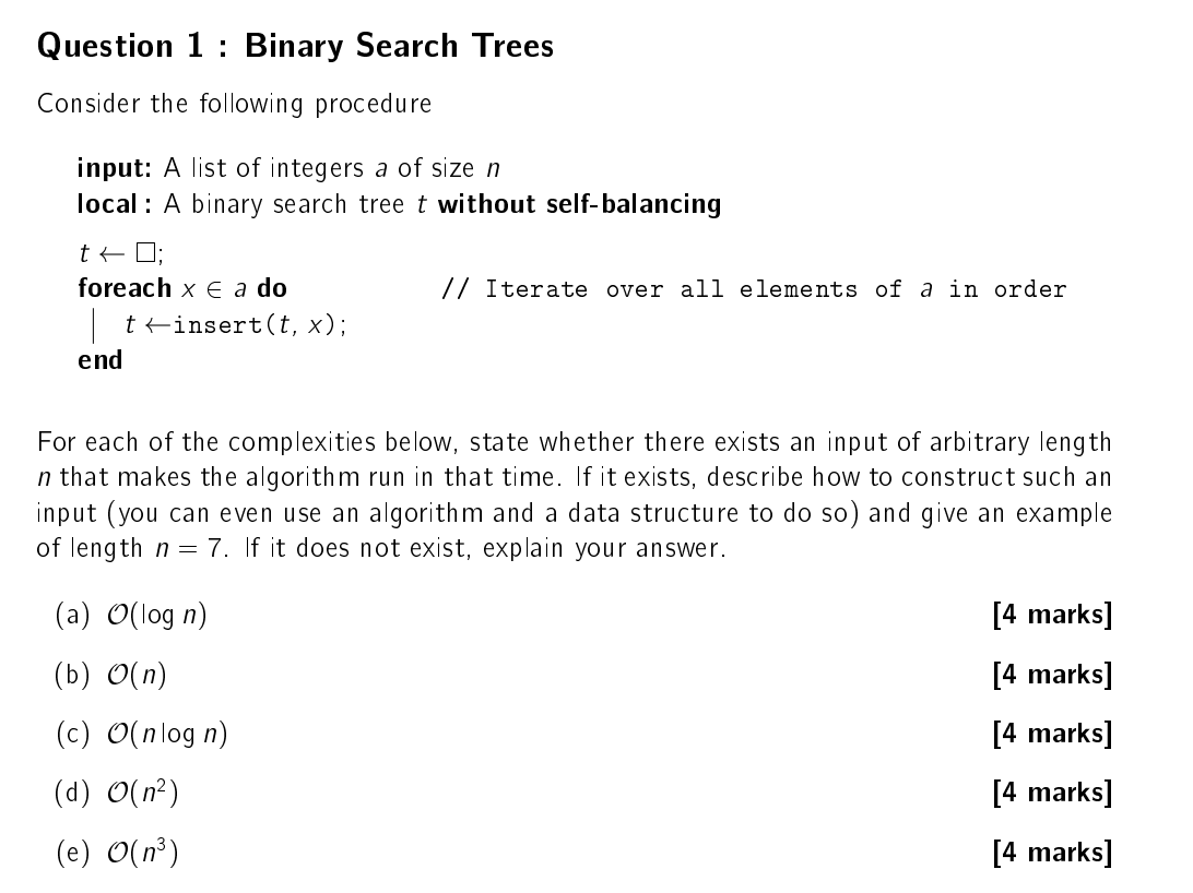 Question 1 Binary Search Trees Consider The Following Procedure Input A List Of Integers A Of Size N Local A Binary Se 1