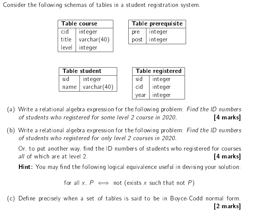 Consider The Following Schemas Of Tables In A Student Registration System Table Prerequisite Table Course Cid Integer T 1