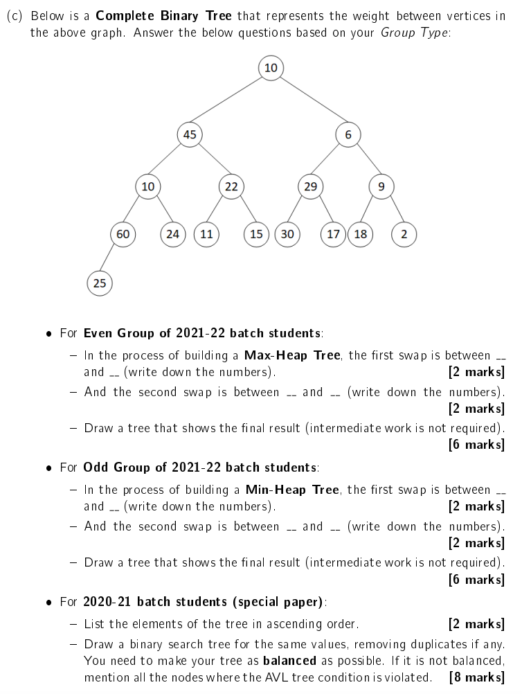 C Below Is A Complete Binary Tree That Represents The Weight Between Vertices In The Above Graph Answer The Below Que 1