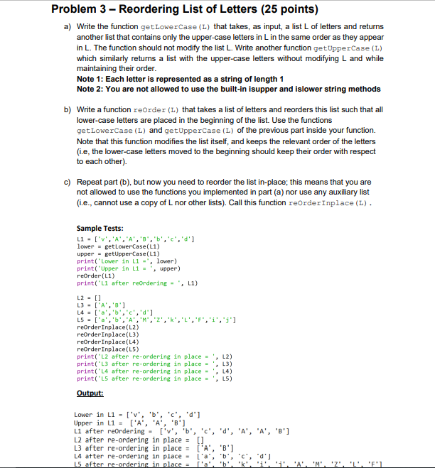 Problem 3 Reordering List Of Letters 25 Points A Write The Function Get Lowercase L That Takes As Input A List 1