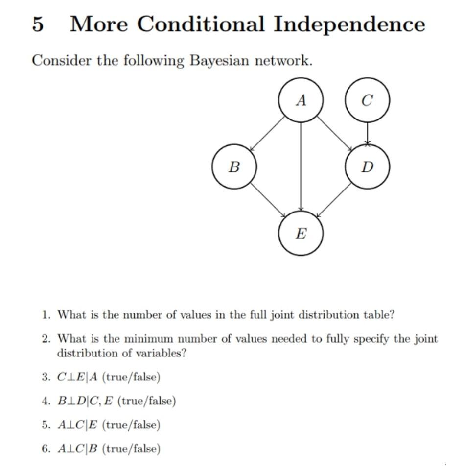 5 More Conditional Independence Consider The Following Bayesian Network A B D E 1 What Is The Number Of Values In The 1