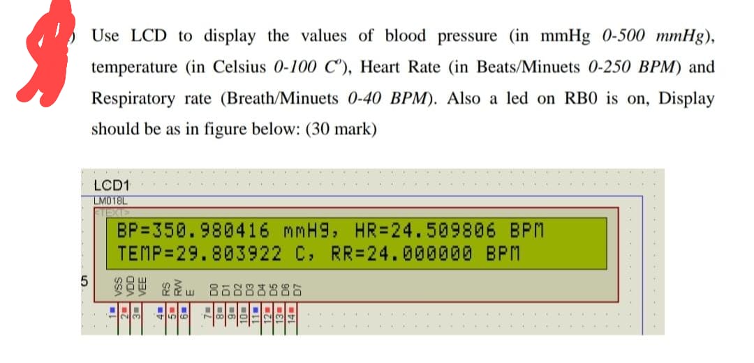 5 Use Lcd To Display The Values Of Blood Pressure In Mmhg 0 500 Mmhg Temperature In Celsius 0 100 C Heart Rate 1