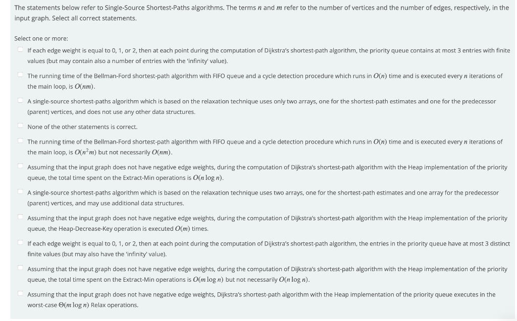 The Statements Below Refer To Single Source Shortest Paths Algorithms The Terms N And M Refer To The Number Of Vertices 1