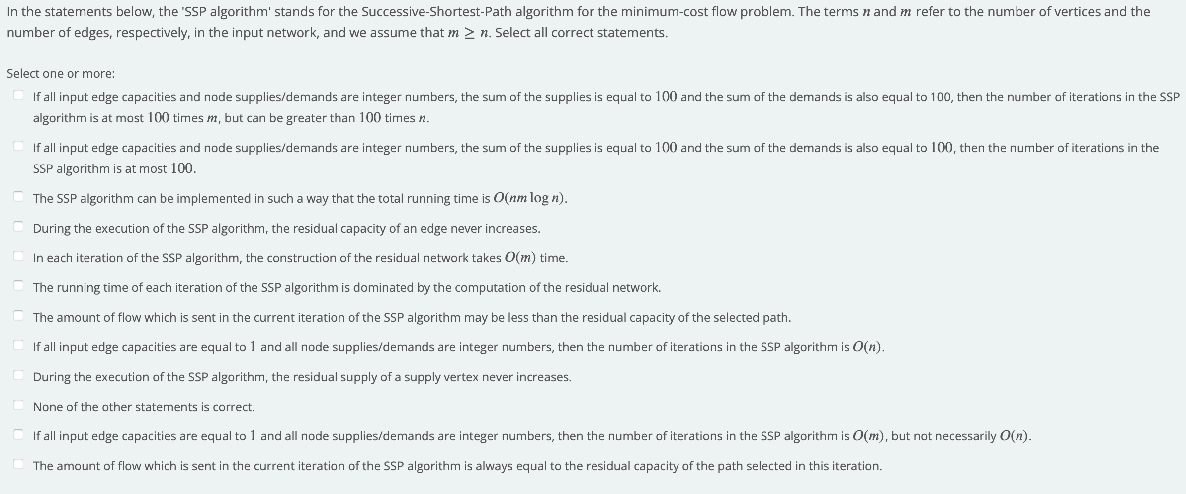 In The Statements Below The Ssp Algorithm Stands For The Successive Shortest Path Algorithm For The Minimum Cost Flow 1