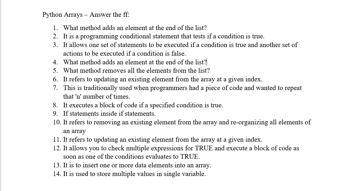 Python Arrays Answer The Ff 1 What Method Adds An Element At The End Of The List 2 It Is A Programming Conditional 1