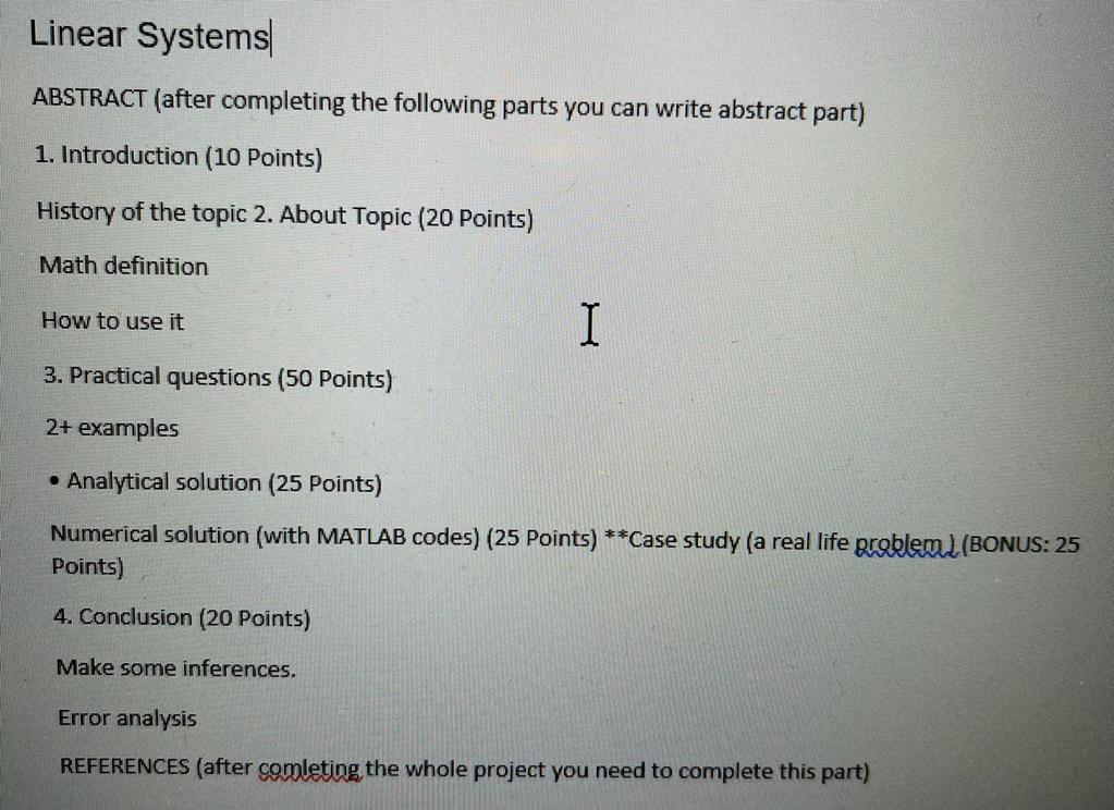 Linear Systems Abstract After Completing The Following Parts You Can Write Abstract Part 1 Introduction 10 Points H 1