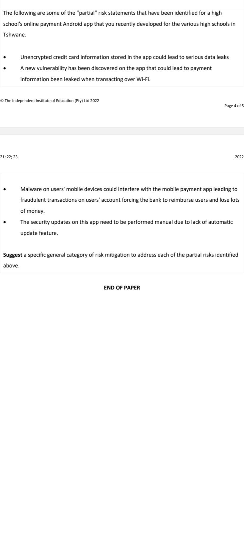 The Following Are Some Of The Partial Risk Statements That Have Been Identified For A High School S Online Payment And 1