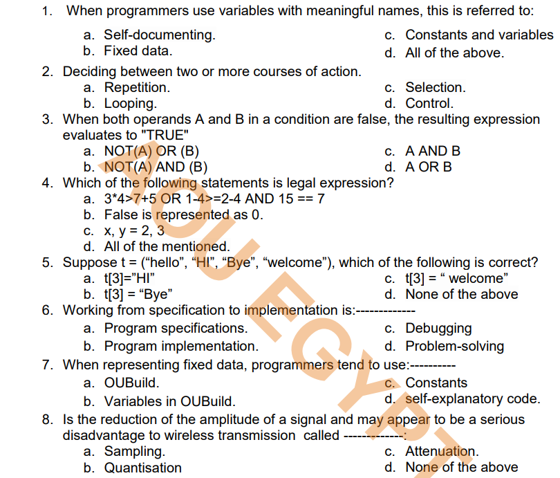 1 When Programmers Use Variables With Meaningful Names This Is Referred To A Self Documenting B Fixed Data C Con 1