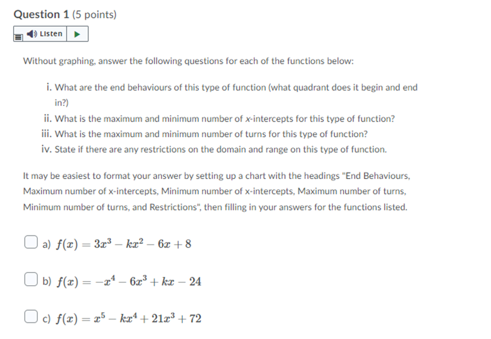 Question 1 5 Points Listen B Without Graphing Answer The Following Questions For Each Of The Functions Below I W 1