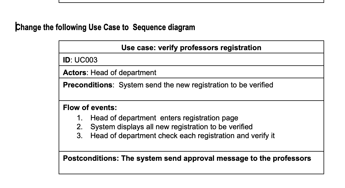 Change The Following Use Case To Sequence Diagram Use Case Verify Professors Registration Id Uc003 Actors Head Of Dep 1