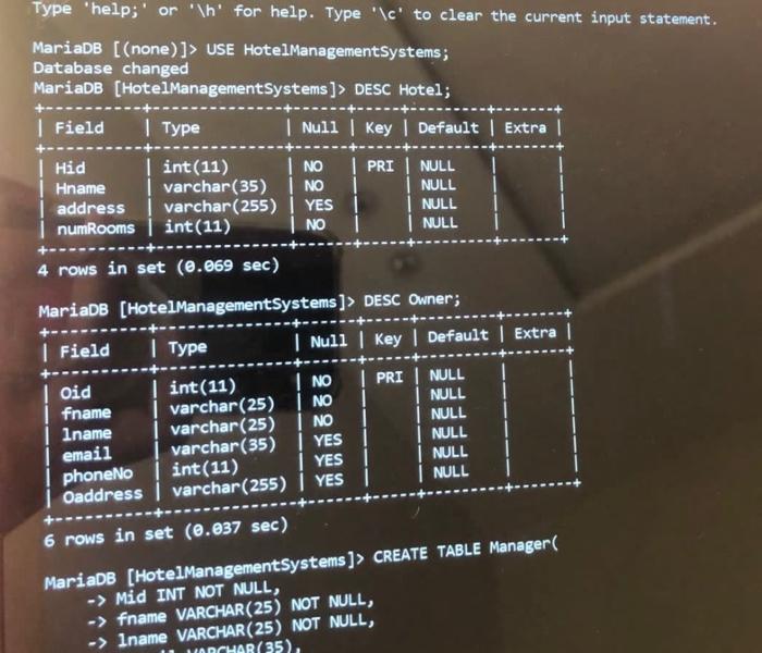 Type Help Or H For Help Type C To Clear The Current Input Statement Mariadb None Use Hotelmanagement Sys 5