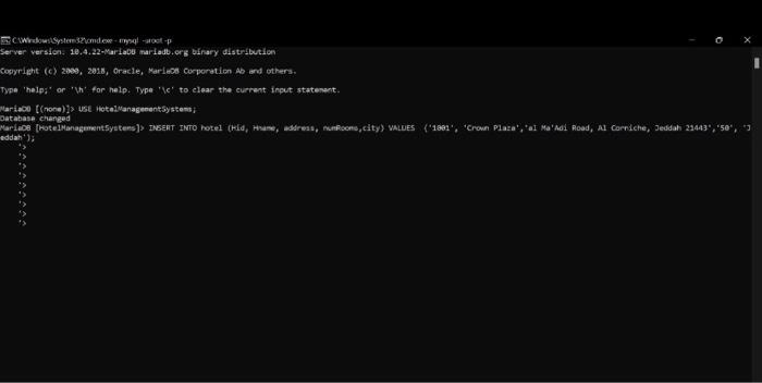 Type Help Or H For Help Type C To Clear The Current Input Statement Mariadb None Use Hotelmanagement Sys 8