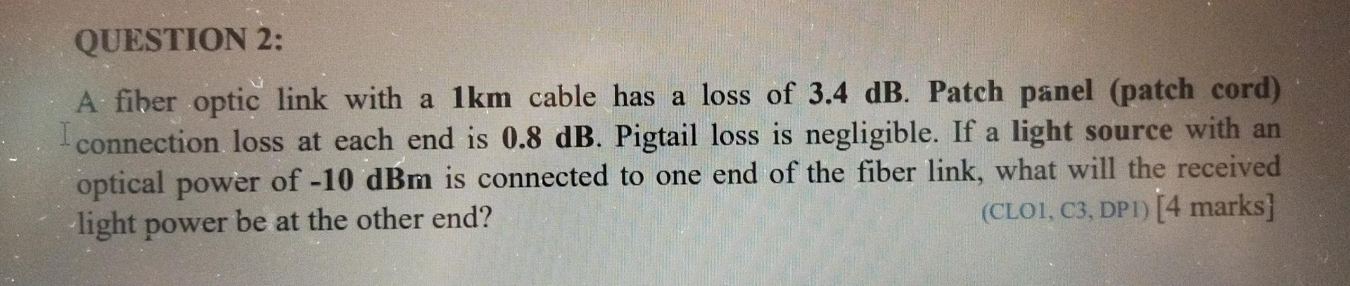 Question 2 A Fiber Optic Link With A 1km Cable Has A Loss Of 3 4 Db Patch Panel Patch Cord Connection Loss At Each E 1