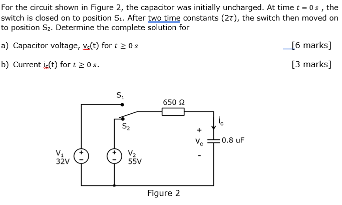 For The Circuit Shown In Figure 2 The Capacitor Was Initially Uncharged At Time T 0s The Switch Is Closed On To Pos 1
