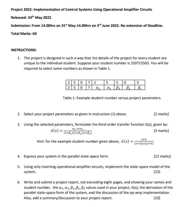 Project 2022 Implementation Of Control Systems Using Operational Amplifier Circuits Released 24th May 2022 Submission 1