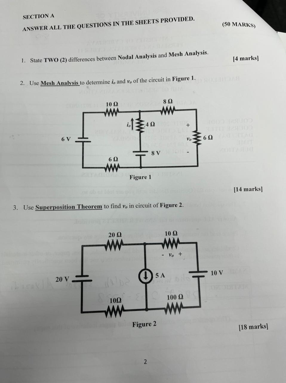 Section A Answer All The Questions In The Sheets Provided 1 State Two 2 Differences Between Nodal Analysis And Mesh 1