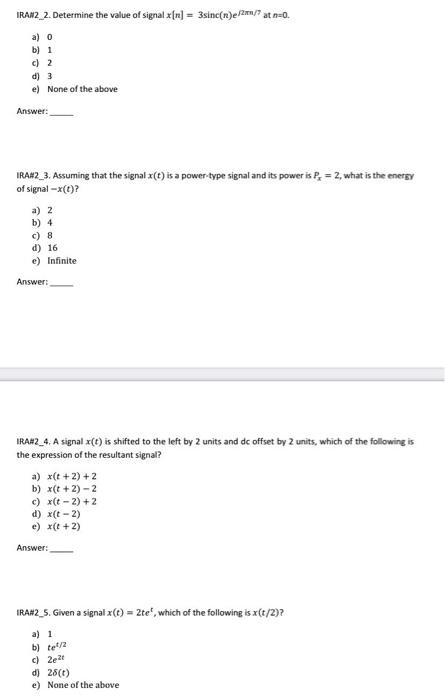 Name Of Student Ra2 1 Determine The Classification Of The Signal T Rett 2 Al Odd B Continuous Value Random Discrete 2